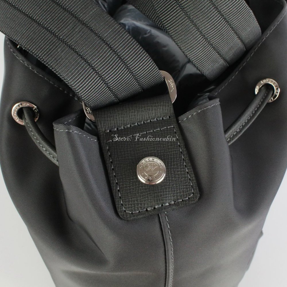 NEW LONGCHAMP Gray Eco Recycled Bucket Bag Drawstring Closure Adjustable Strap - Picture 14 of 16